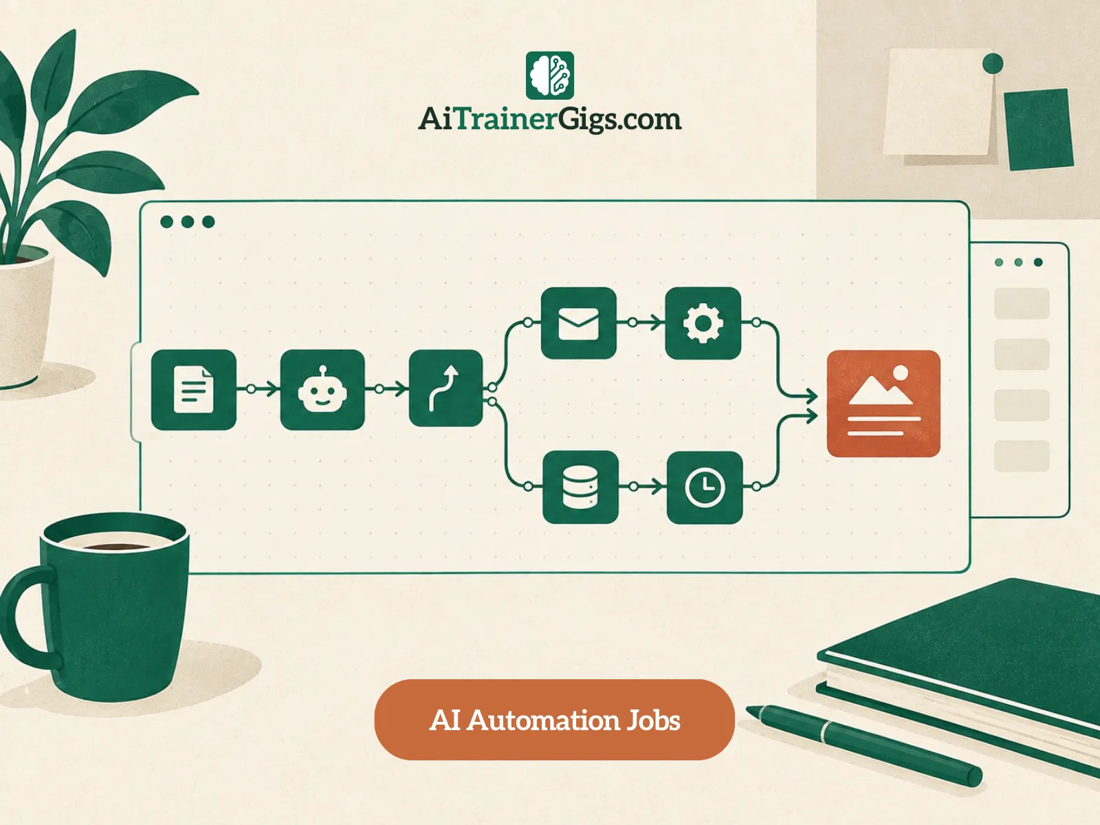 Illustration of an AI agent running a multi-step workflow on its own, with a person setting it up and checking each step