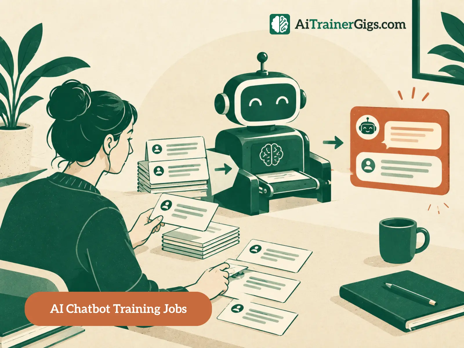 Illustration of a chatbot conversation being shaped by a trainer — example replies written, rated, and corrected — the core of work-from-home chatbot training