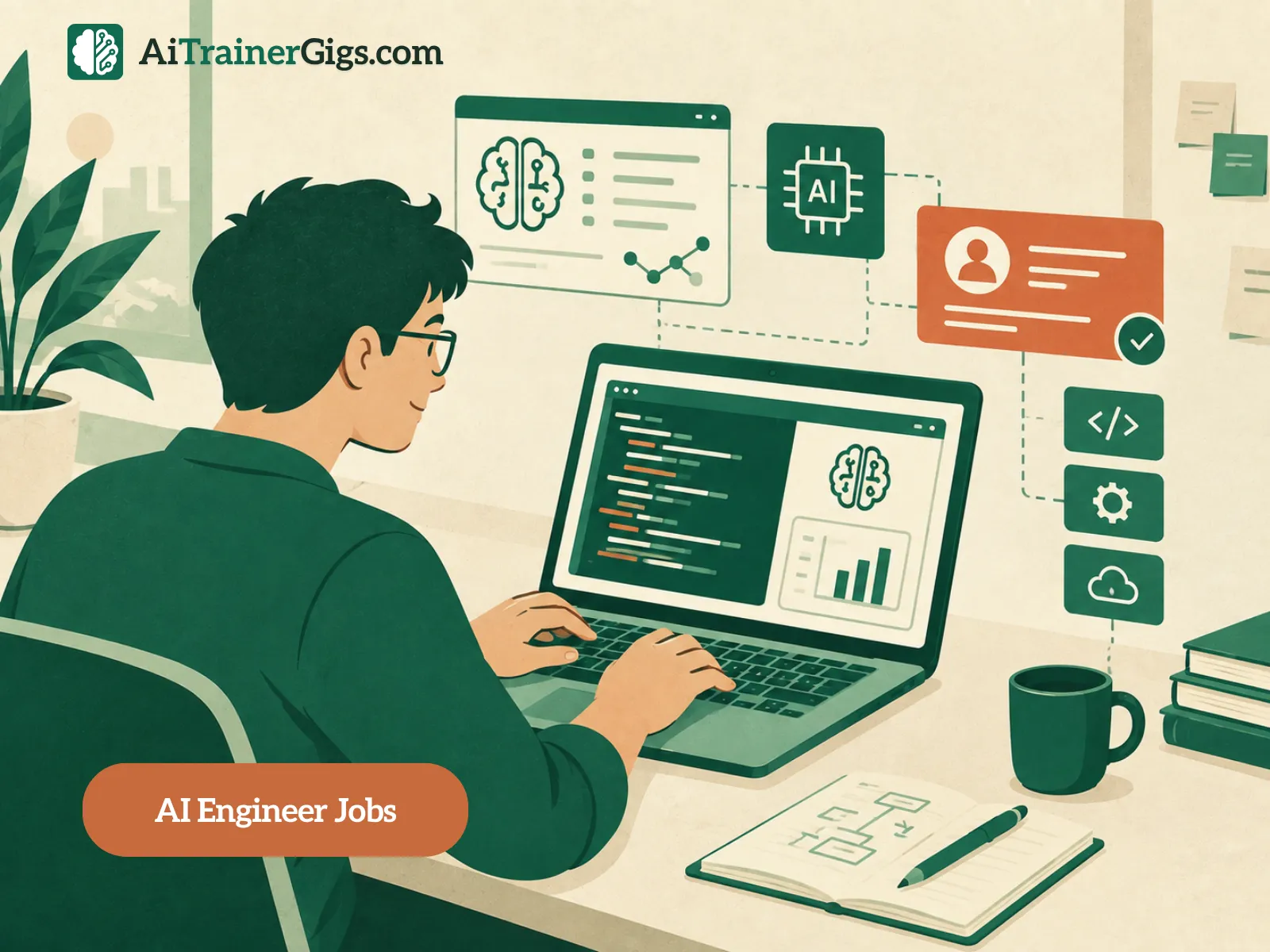 Illustration of an AI engineer assembling the systems around a machine-learning model — code, data pipelines, and model connections fitting together