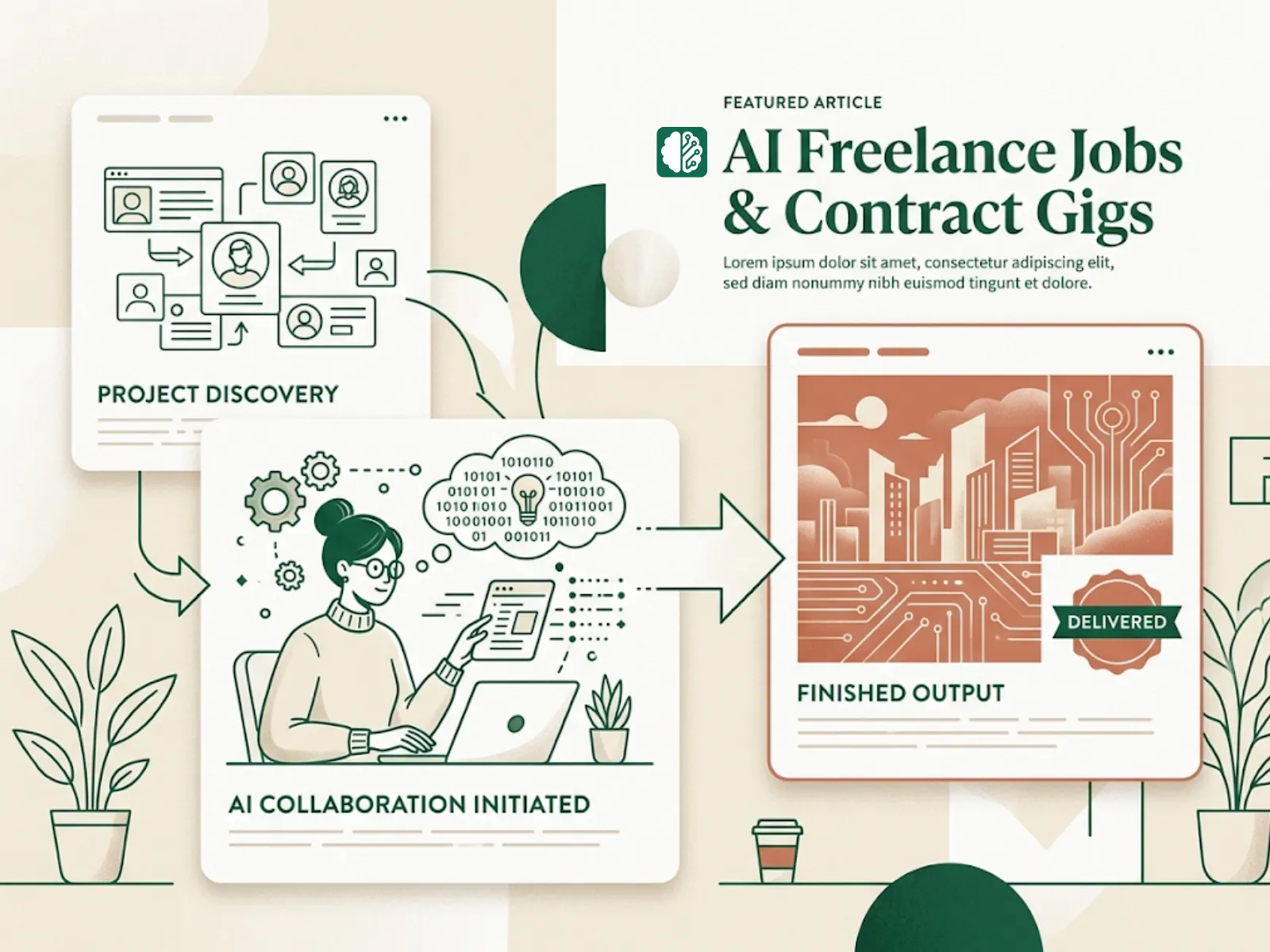 Illustration of a freelancer choosing AI gigs from a stack of tasks and getting paid per project, working independently