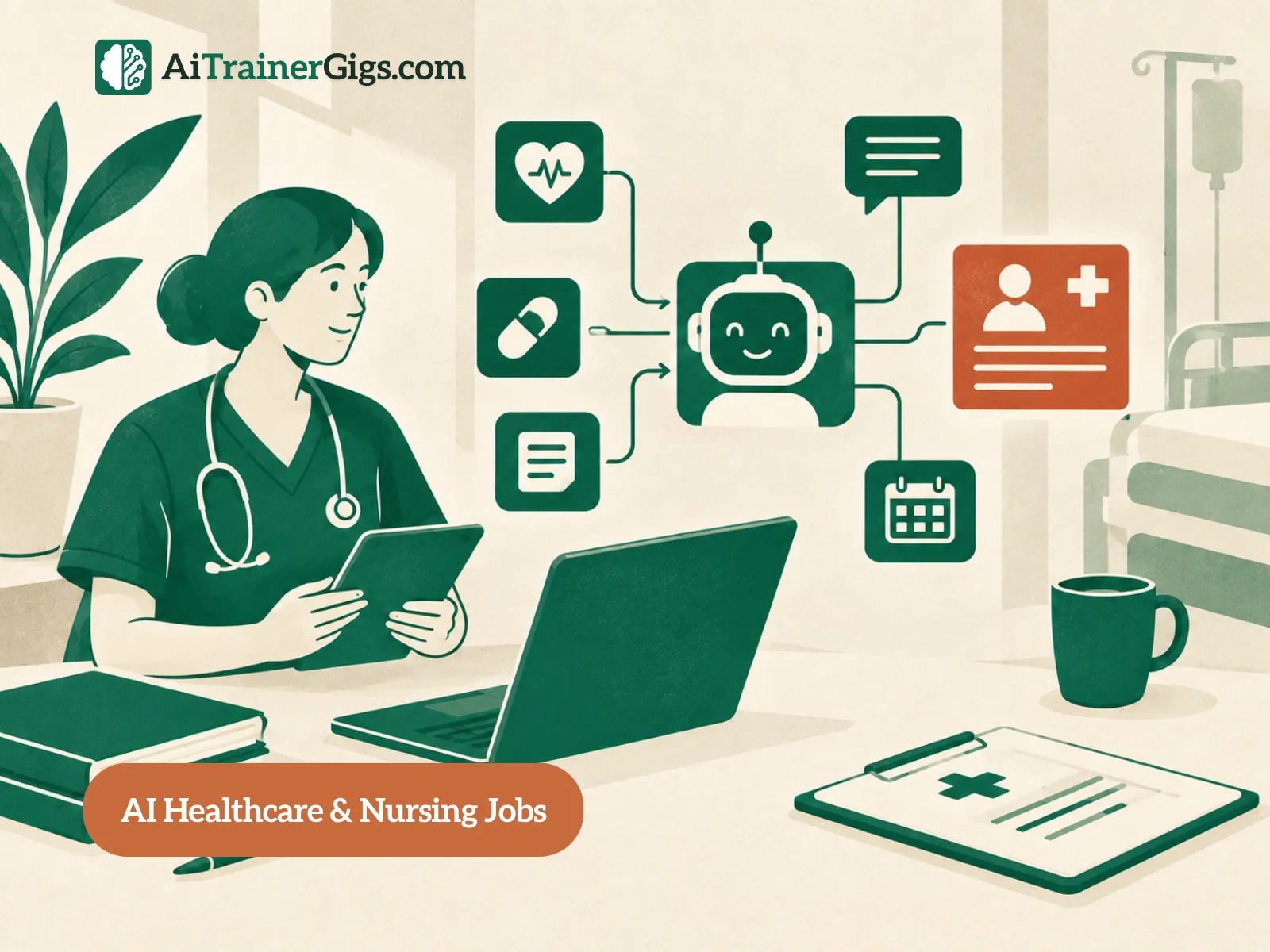 Illustration of a clinician reviewing and correcting an AI model's medical answers, showing how healthcare professionals train medical AI remotely