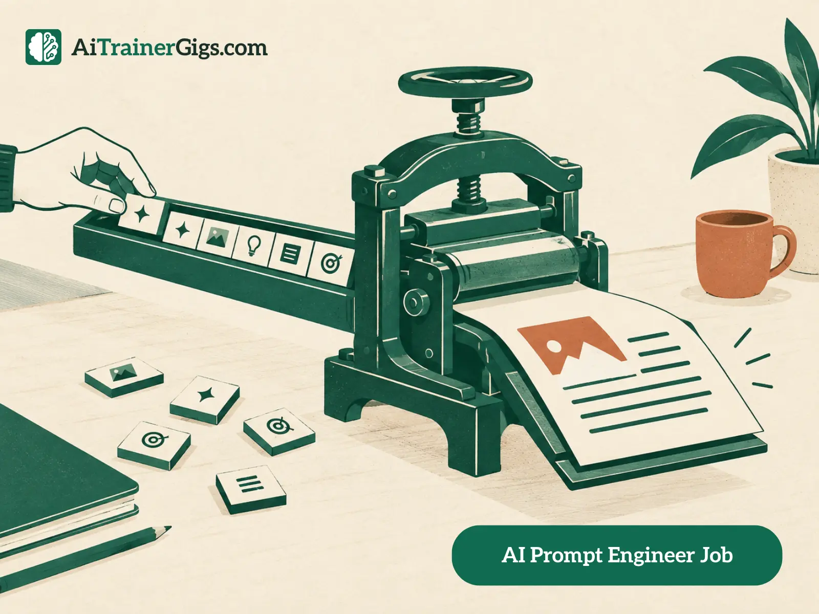 Illustration of word-tiles being arranged on a letterpress composing stick and fed through a small press into a clean printed result, showing how prompt engineering crafts precise instructions for AI