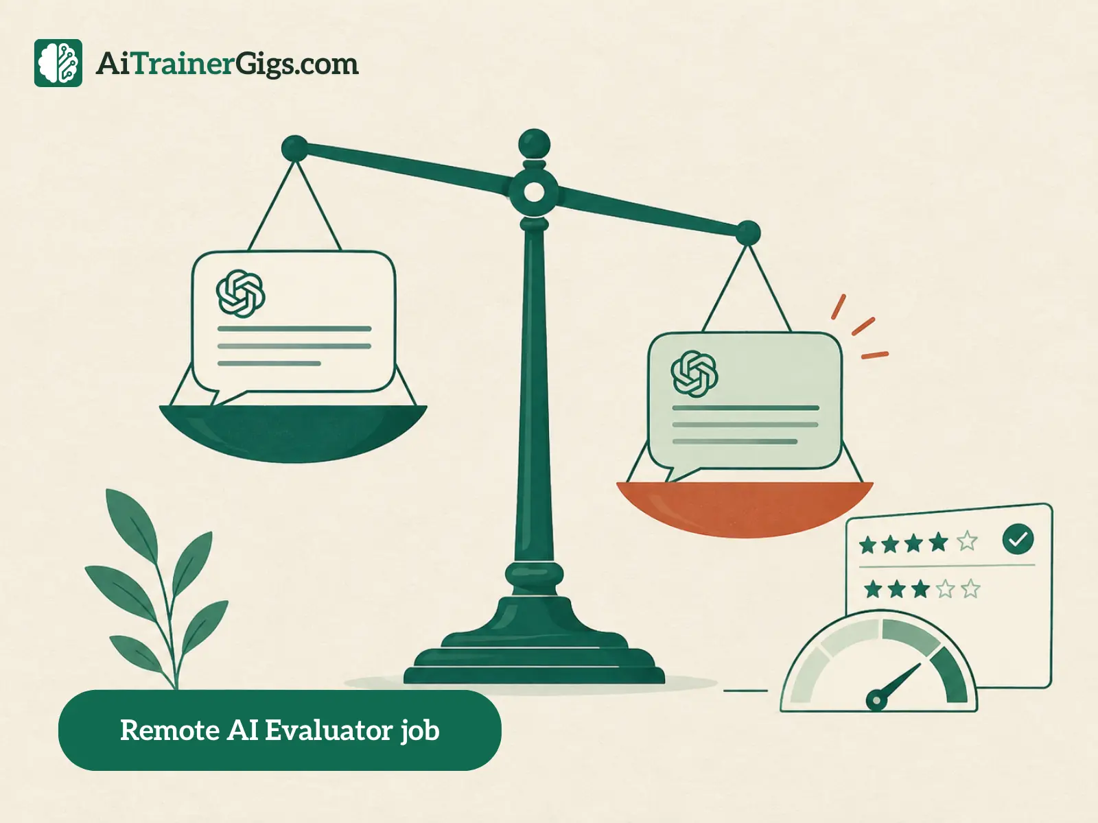 Illustration of two AI answers being weighed on a balance scale beside a star-rating scorecard, showing how AI rater and evaluator work judges which response is better