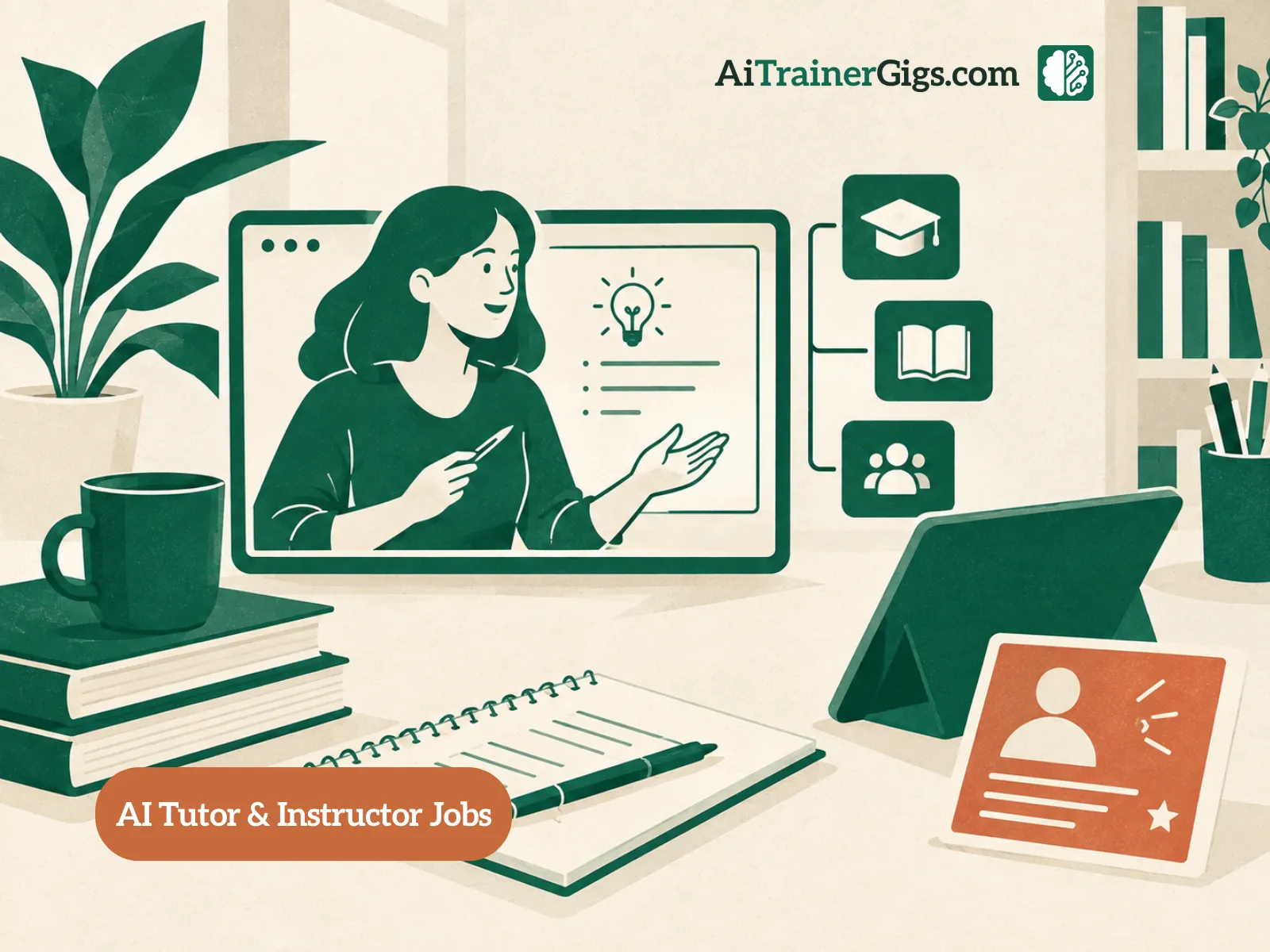 Illustration of a teacher writing a worked solution and grading an AI model's answer, showing how educators teach their subject to AI