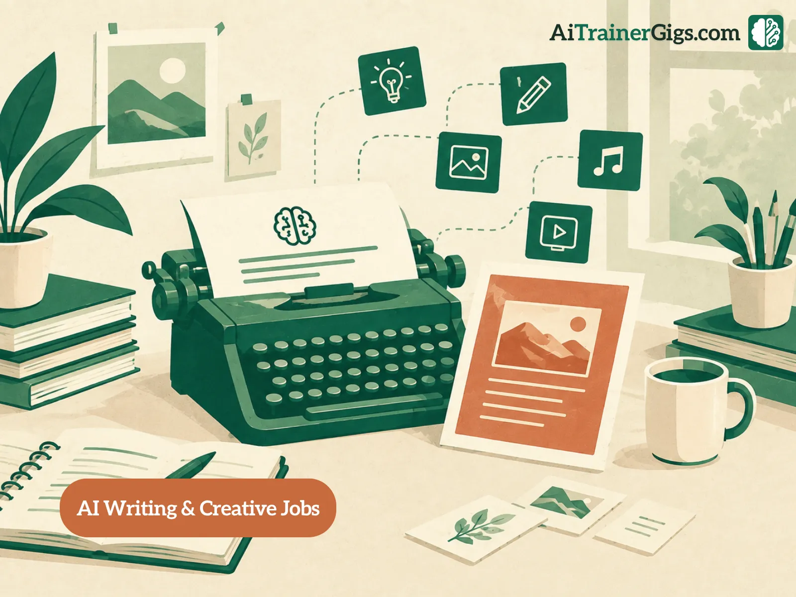 Illustration of words, a voice waveform, a film frame, and a sketch feeding into an AI model, showing the creative crafts behind AI training