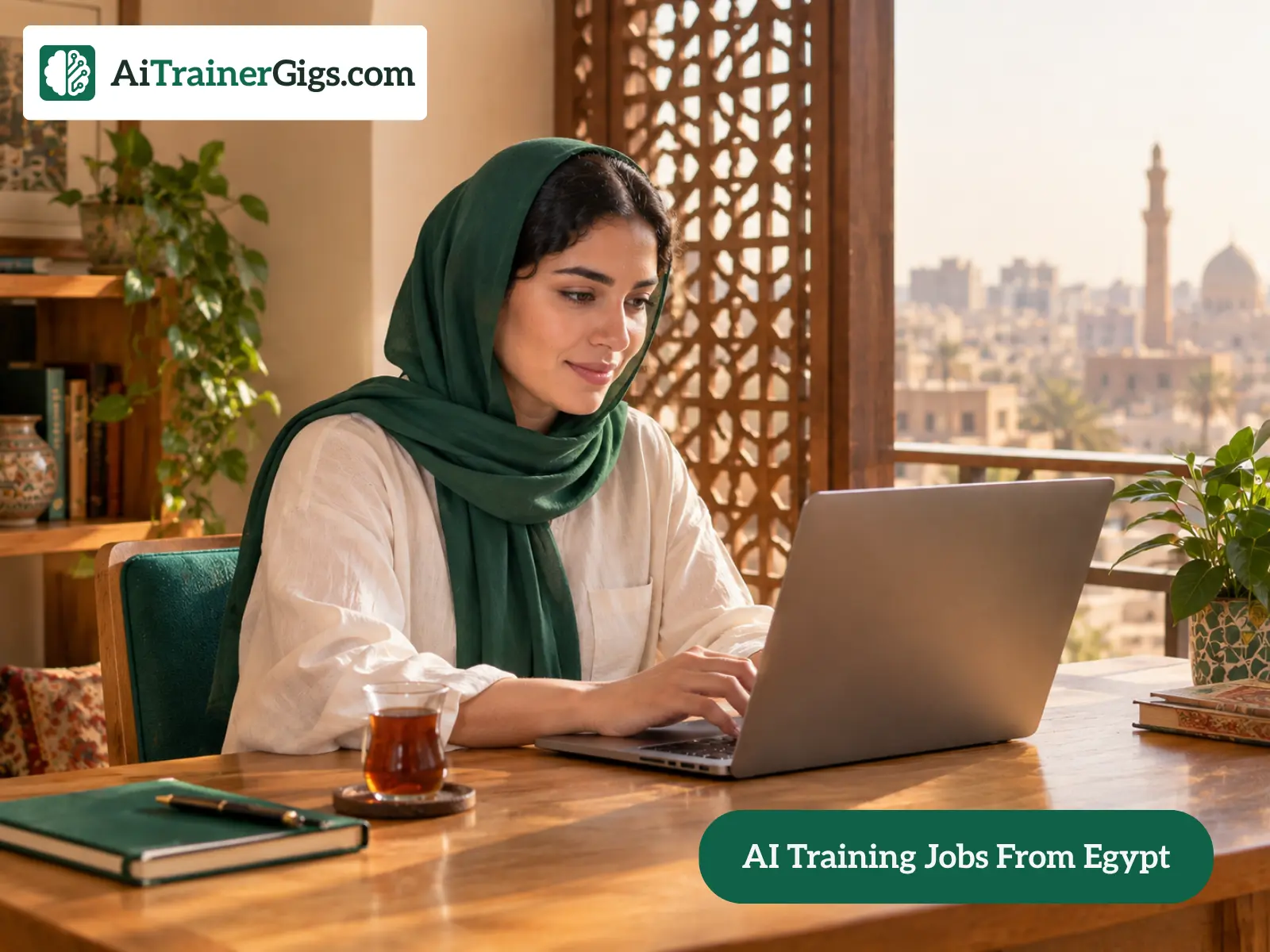 A young Egyptian freelancer doing remote AI training work from a home desk in Cairo