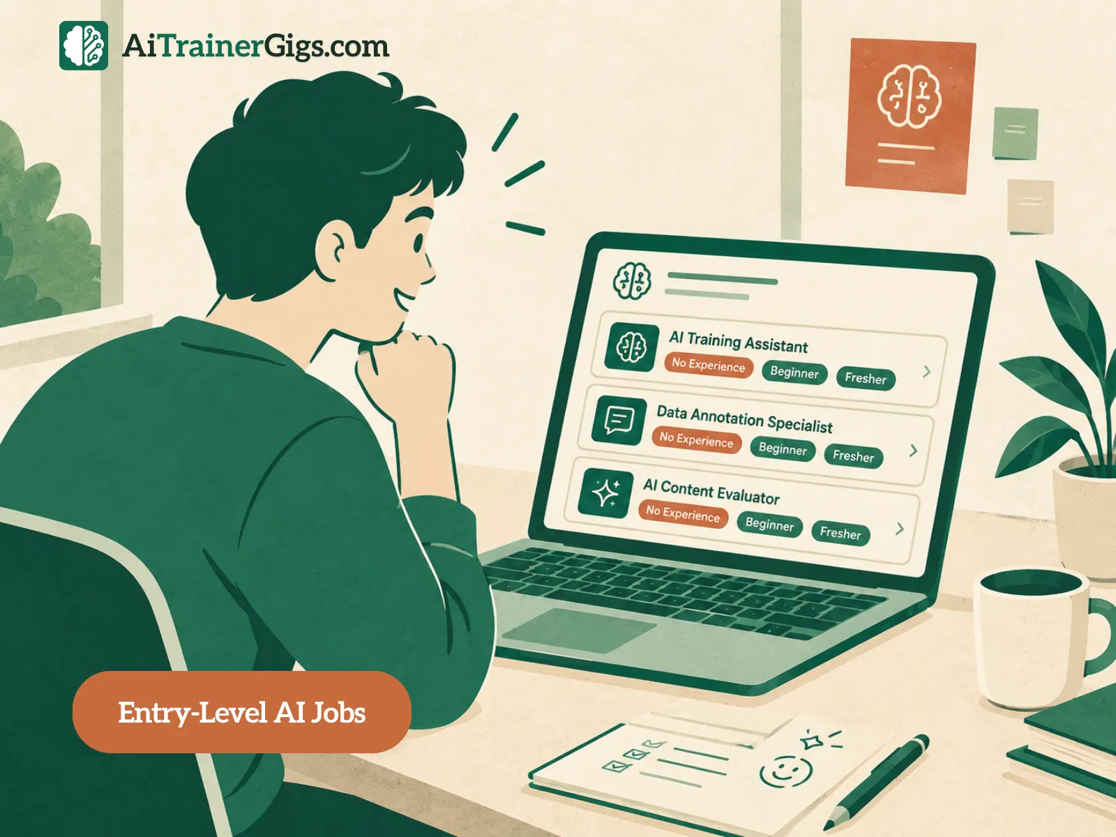 Illustration of a beginner taking the first step into AI work, with a simple path leading past a qualification test into paid tasks