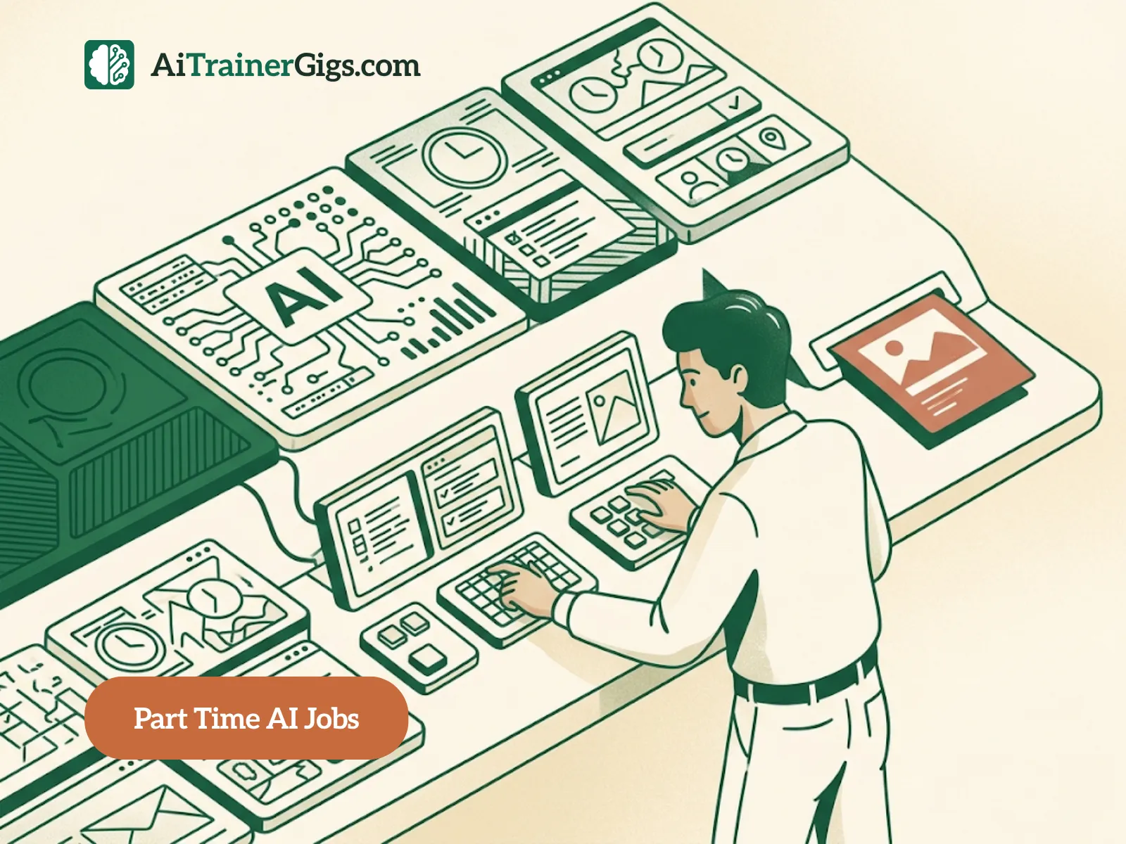 Illustration of AI tasks slotting into the gaps of a busy day, showing flexible part-time AI work around other commitments