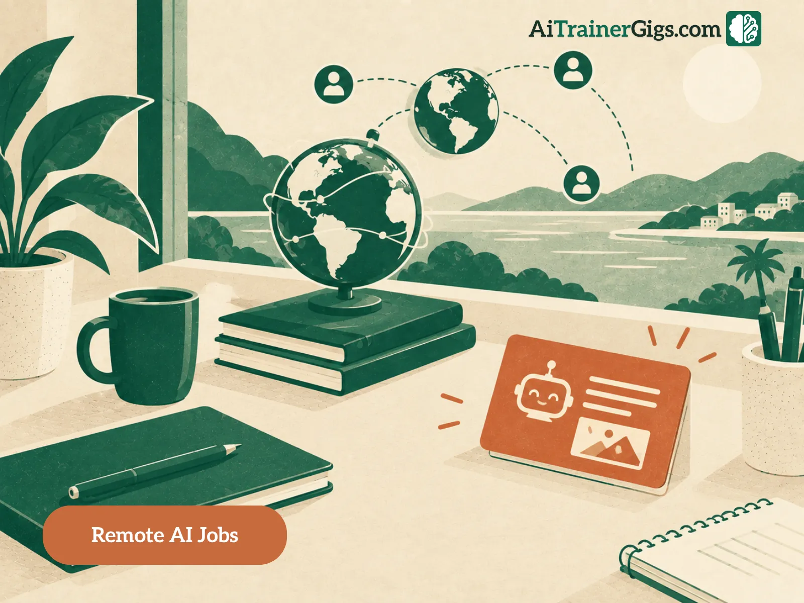 Illustration of remote AI work reaching people around a globe from home — different AI tasks flowing to workers anywhere