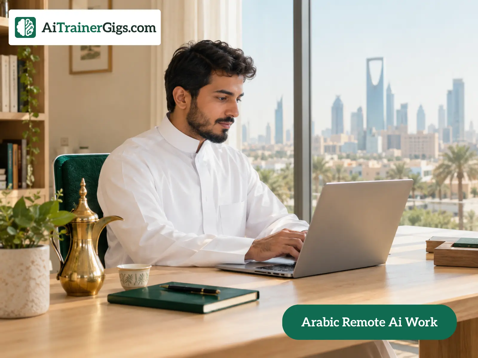 A Saudi professional reviewing Arabic AI model output from a home workspace