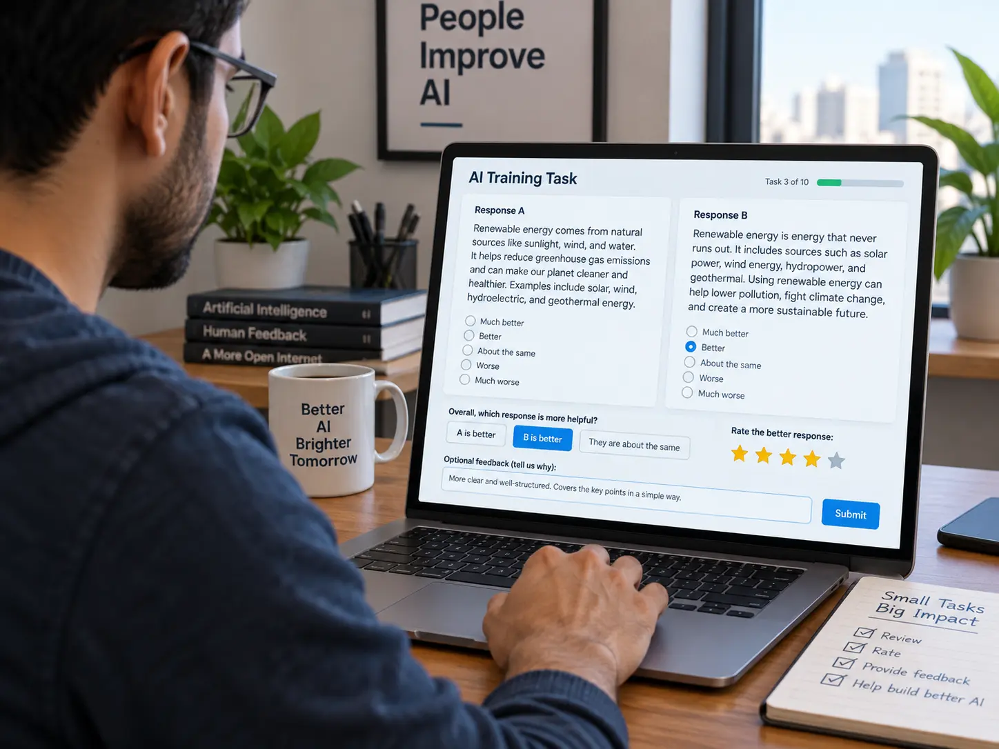 A remote AI trainer reviewing and rating AI model answers on a laptop.