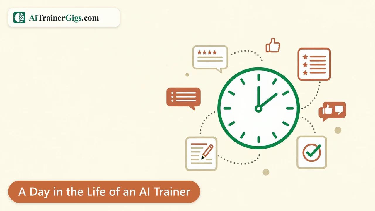A day in the life of an AI trainer, shown as a clock ringed with rating, prompt-writing and review tasks