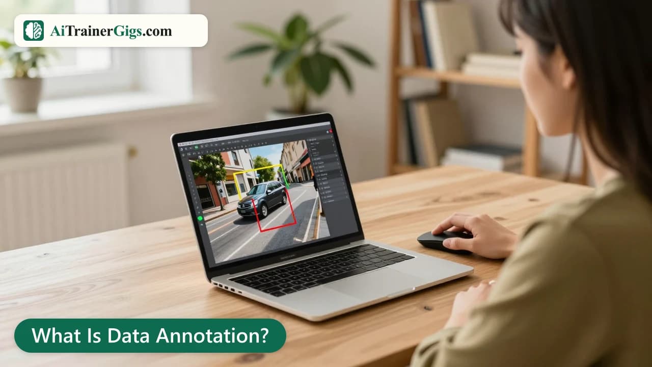 What is data annotation shown in practice: a person drawing bounding boxes around a car in a street photo with labeling software