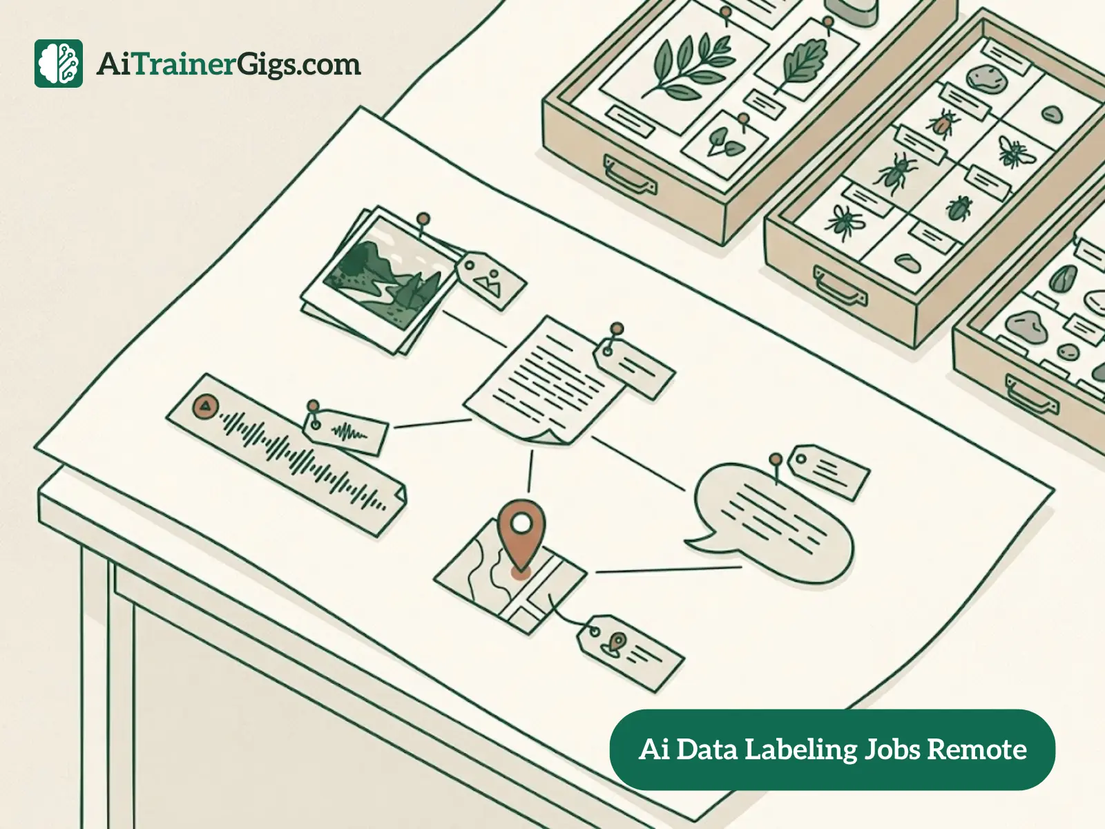 Illustration of raw data specimens — an image, an audio clip, text, and a voice sample — each pinned with a label tag and sorted into collection trays, showing how data labeling and collection work