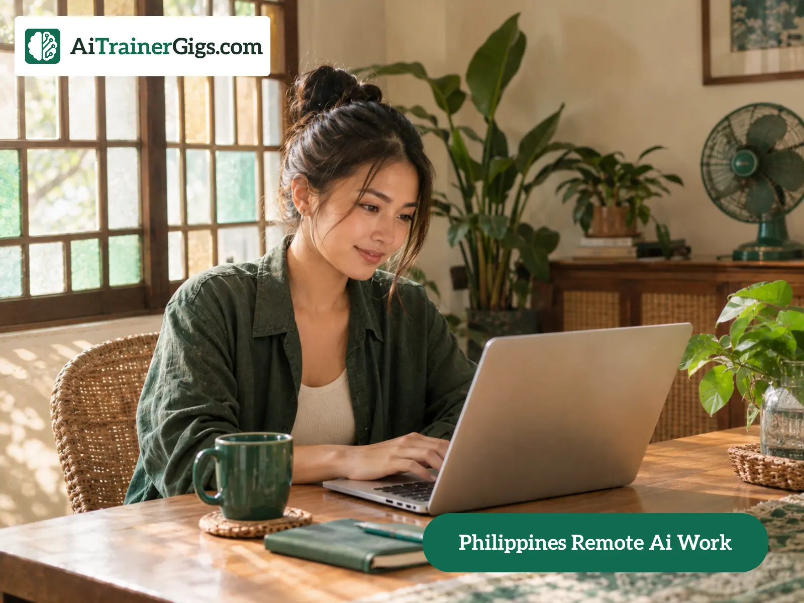 A Filipino remote worker doing legitimate AI training tasks from a home desk